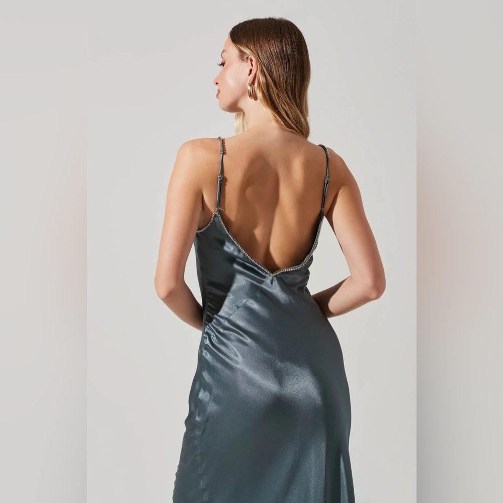KATHLEEN RHINESTONE TRIM SATIN MIDI DRESS - Picture 6 of 11